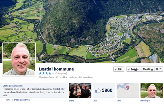 Lærdal kommune er blant dei 20 beste i Noreg på Facebook.
