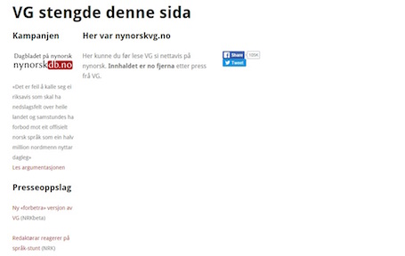 Slik ser den nynorske VG-sida ut etter at VG truga med søksmål. Skjermdump: Målungdommen.