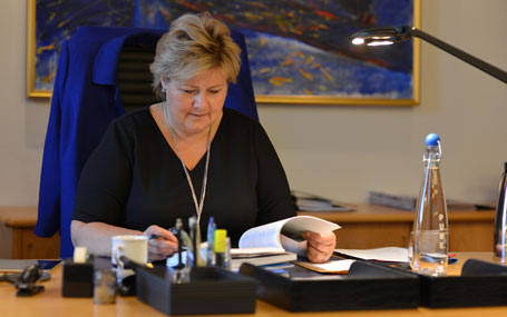 Statsminister Erna Solberg har fått brev frå Nynorsk Forum. Foto: SMK