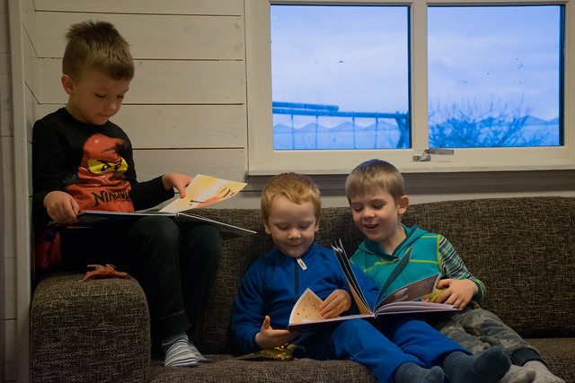 Frå venstre sit femåringane Lukas, Karl Håkon og Andreas, oppslukte i nynorskbøker.  